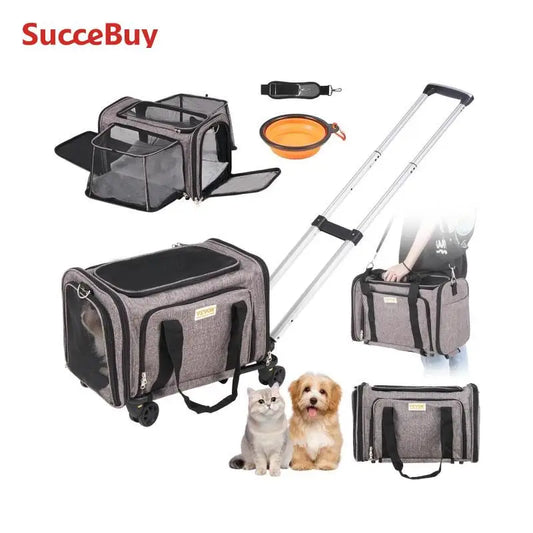 SucceBuy Pet Cat Carrier Breathable Outgoing Dog Carry Backpack with Telescopic Handle Wheels and Shoulder Strap for Travel Trip